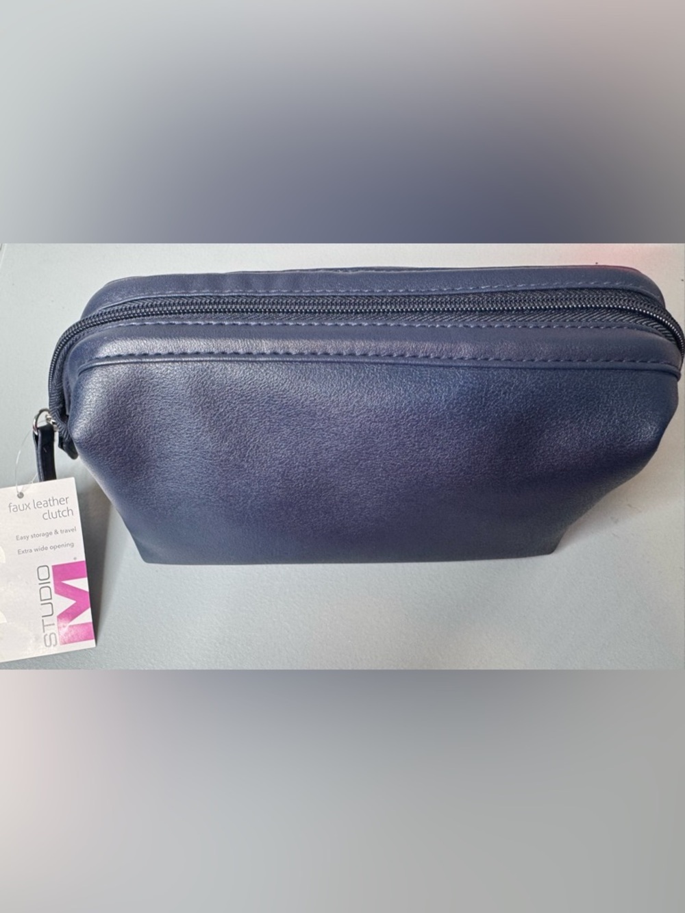 Studio M Navy Faux Leather clutch Toiletry zippered Pouch wide opening structure